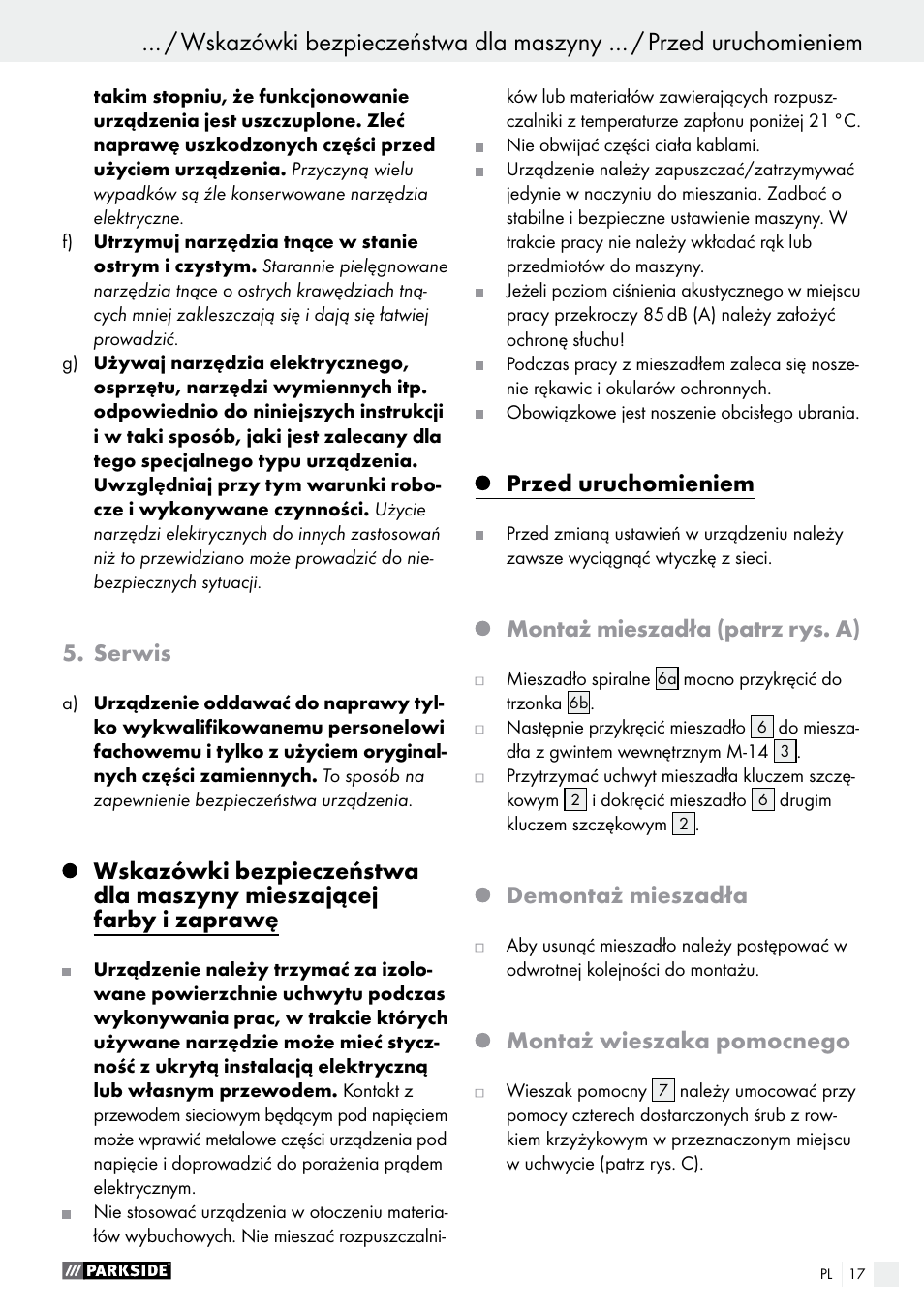 Serwis, Przed uruchomieniem, Montaż mieszadła (patrz rys. a) | Demontaż mieszadła, Montaż wieszaka pomocnego | Parkside PFMR 1400 B1 User Manual | Page 17 / 62