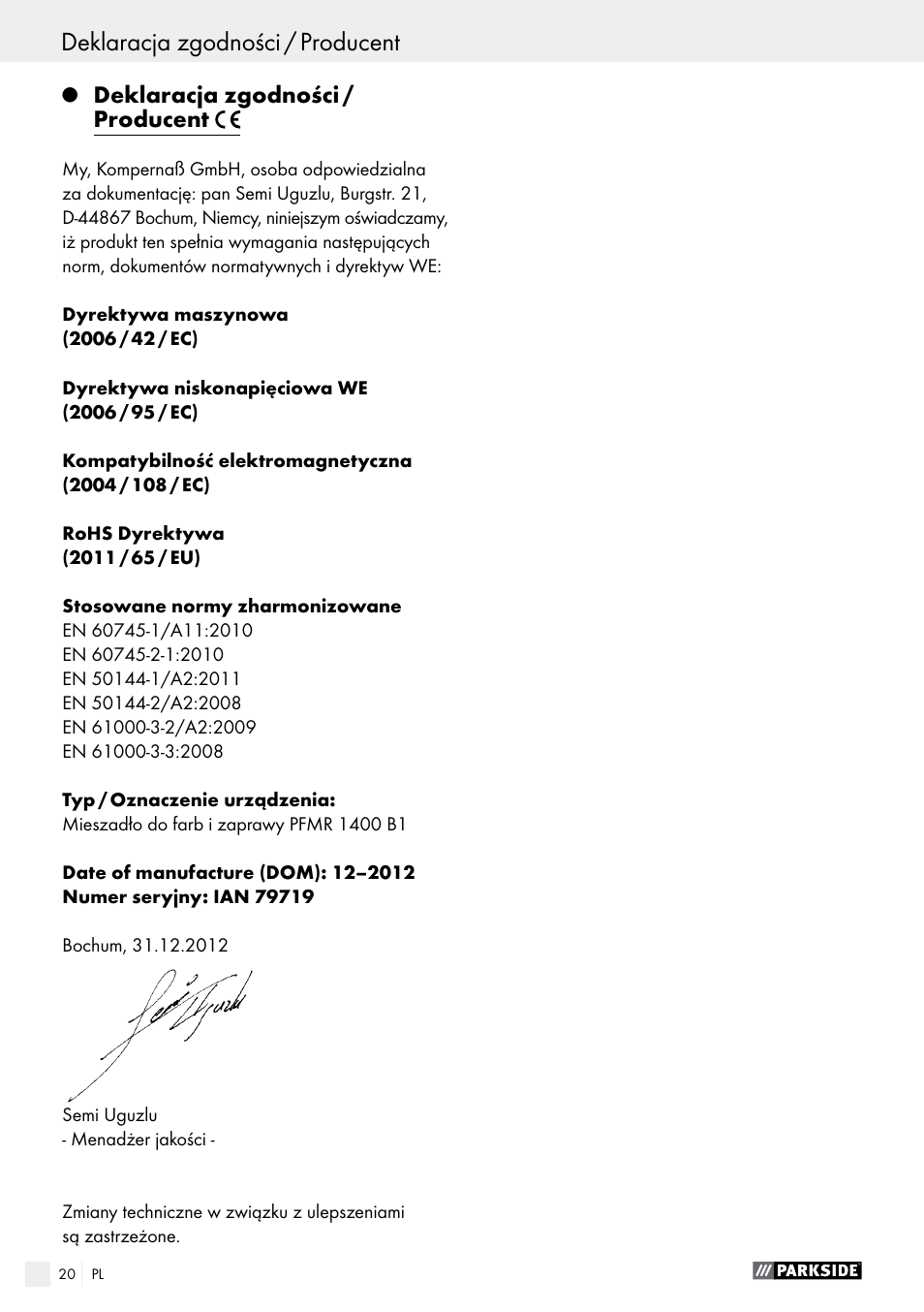 Deklaracja zgodności / producent, Tartalomjegyzék | Parkside PFMR 1400 B1 User Manual | Page 20 / 62