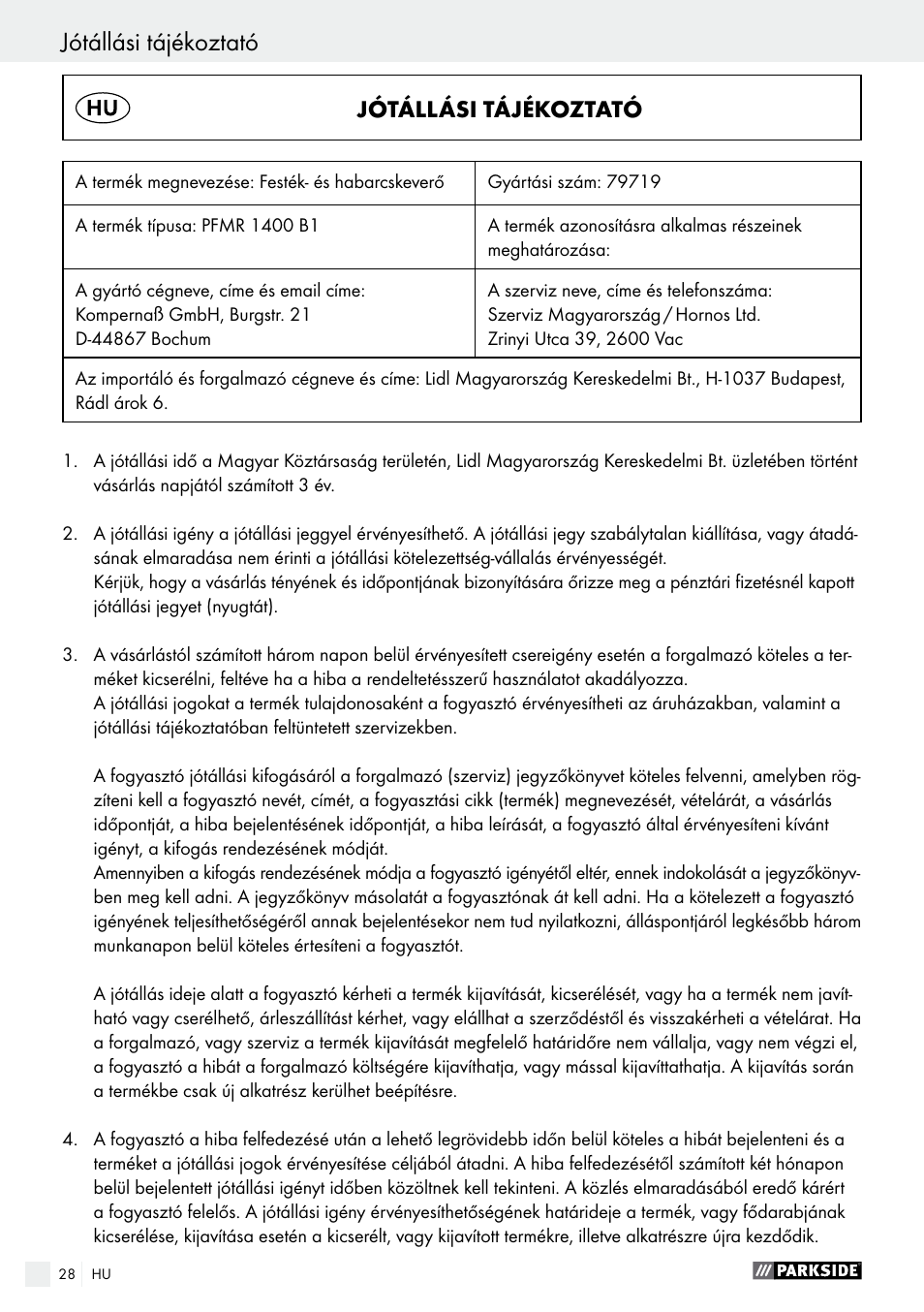 Jótállási tájékoztató | Parkside PFMR 1400 B1 User Manual | Page 28 / 62