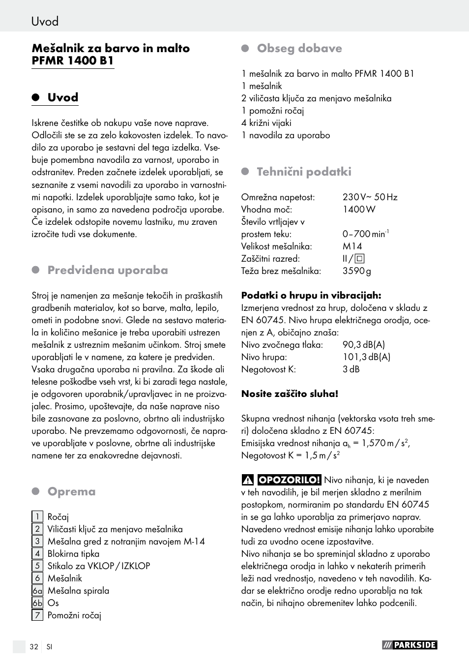 Uvod, Predvidena uporaba, Oprema | Obseg dobave, Tehnični podatki | Parkside PFMR 1400 B1 User Manual | Page 32 / 62