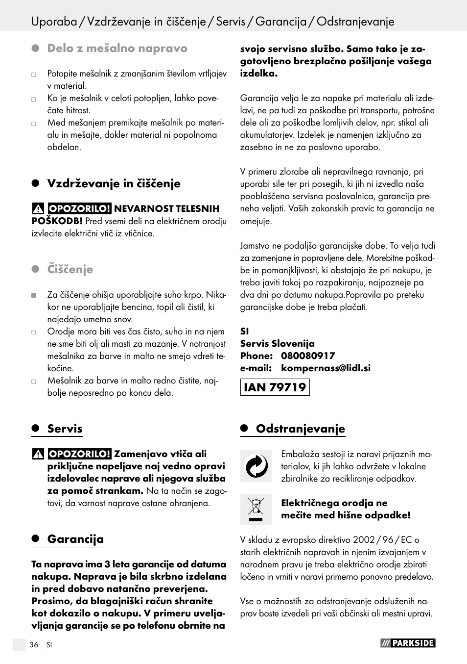 Izjava o skladnosti / izdelovalec, Delo z mešalno napravo, Vzdrževanje in čiščenje | Čiščenje, Servis, Garancija, Odstranjevanje | Parkside PFMR 1400 B1 User Manual | Page 36 / 62