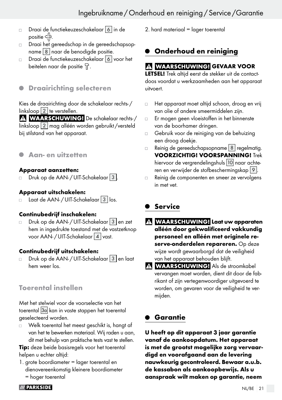 Draairichting selecteren, Aan- en uitzetten, Toerental instellen | Onderhoud en reiniging, Service, Garantie | Parkside PBH 1050 A1 User Manual | Page 21 / 43