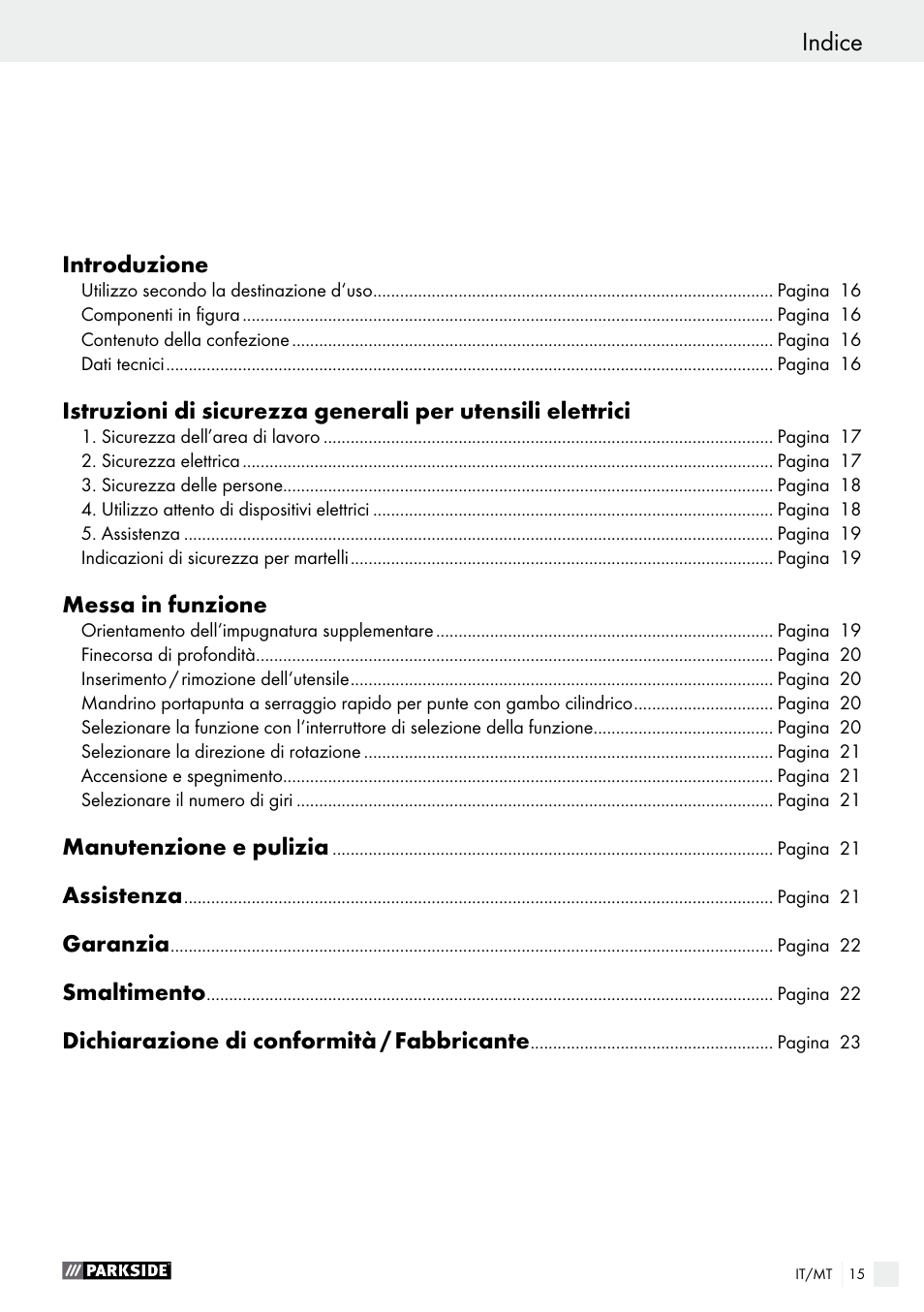 Indice | Parkside PBH 1050 A1 User Manual | Page 15 / 50