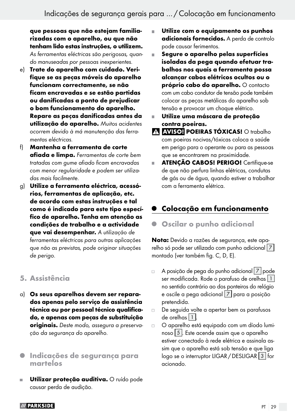 Assistência, Indicações de segurança para martelos, Colocação em funcionamento | Oscilar o punho adicional | Parkside PBH 1050 A1 User Manual | Page 29 / 50