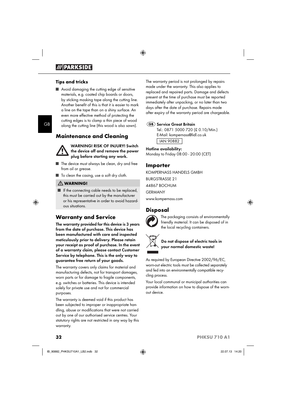 Maintenance and cleaning, Warranty and service, Importer | Disposal | Parkside PHKSU 710 A1 User Manual | Page 35 / 40