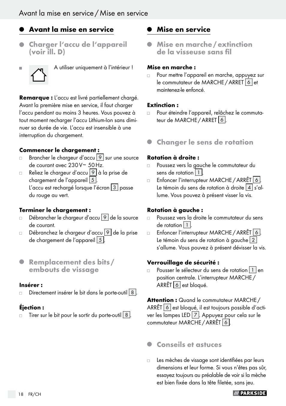 Avant la mise en service, Charger l‘accu de l‘appareil (voir ill. d), Remplacement des bits / embouts de vissage | Mise en service, Changer le sens de rotation, Conseils et astuces | Parkside PAS 3.6 B1 User Manual | Page 18 / 37