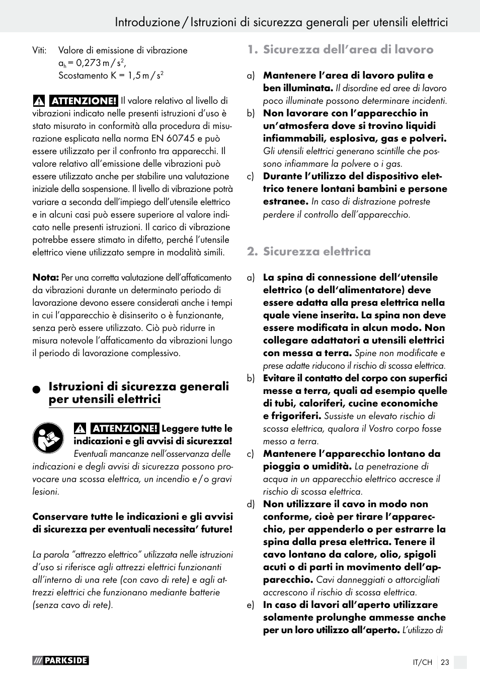 Sicurezza dell’area di lavoro, Sicurezza elettrica | Parkside PAS 3.6 B1 User Manual | Page 23 / 37