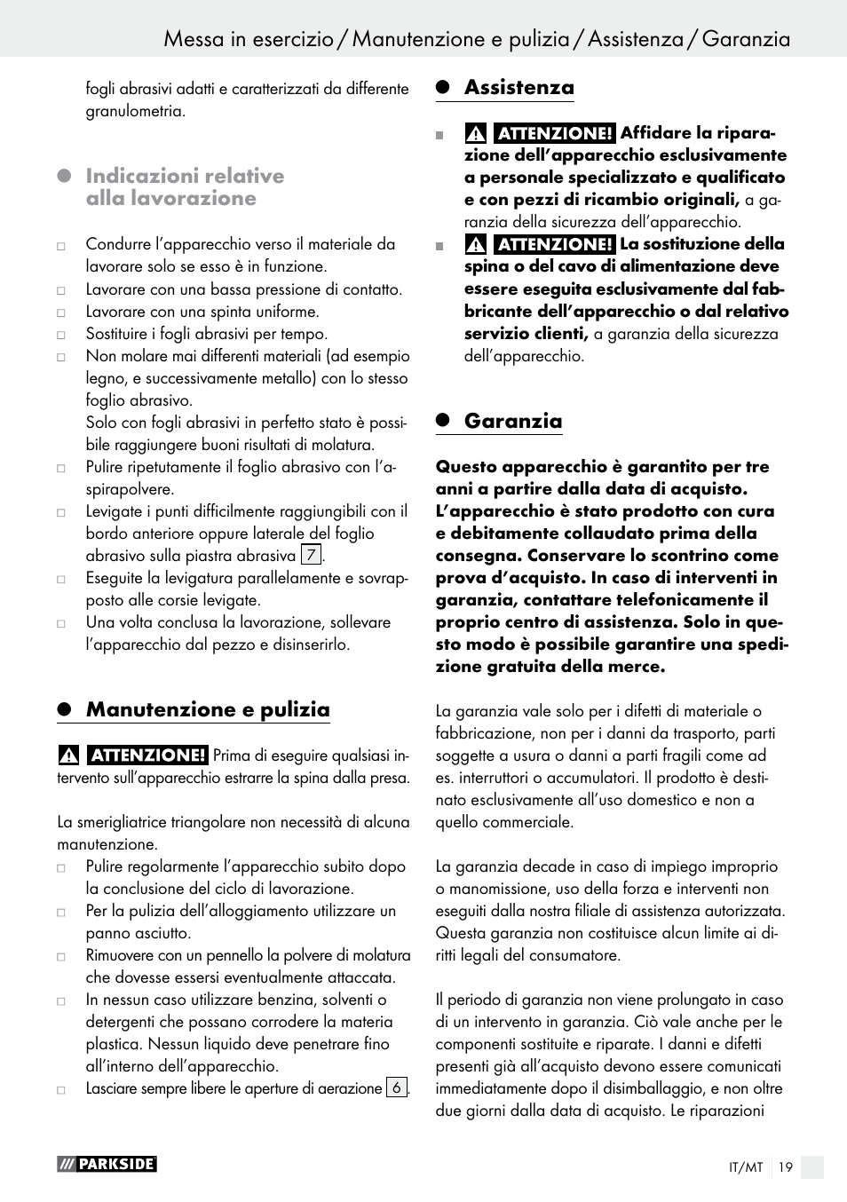 Messa in esercizio, Indicazioni relative alla lavorazione, Manutenzione e pulizia | Assistenza, Garanzia | Parkside PHS 160 B2 User Manual | Page 19 / 37