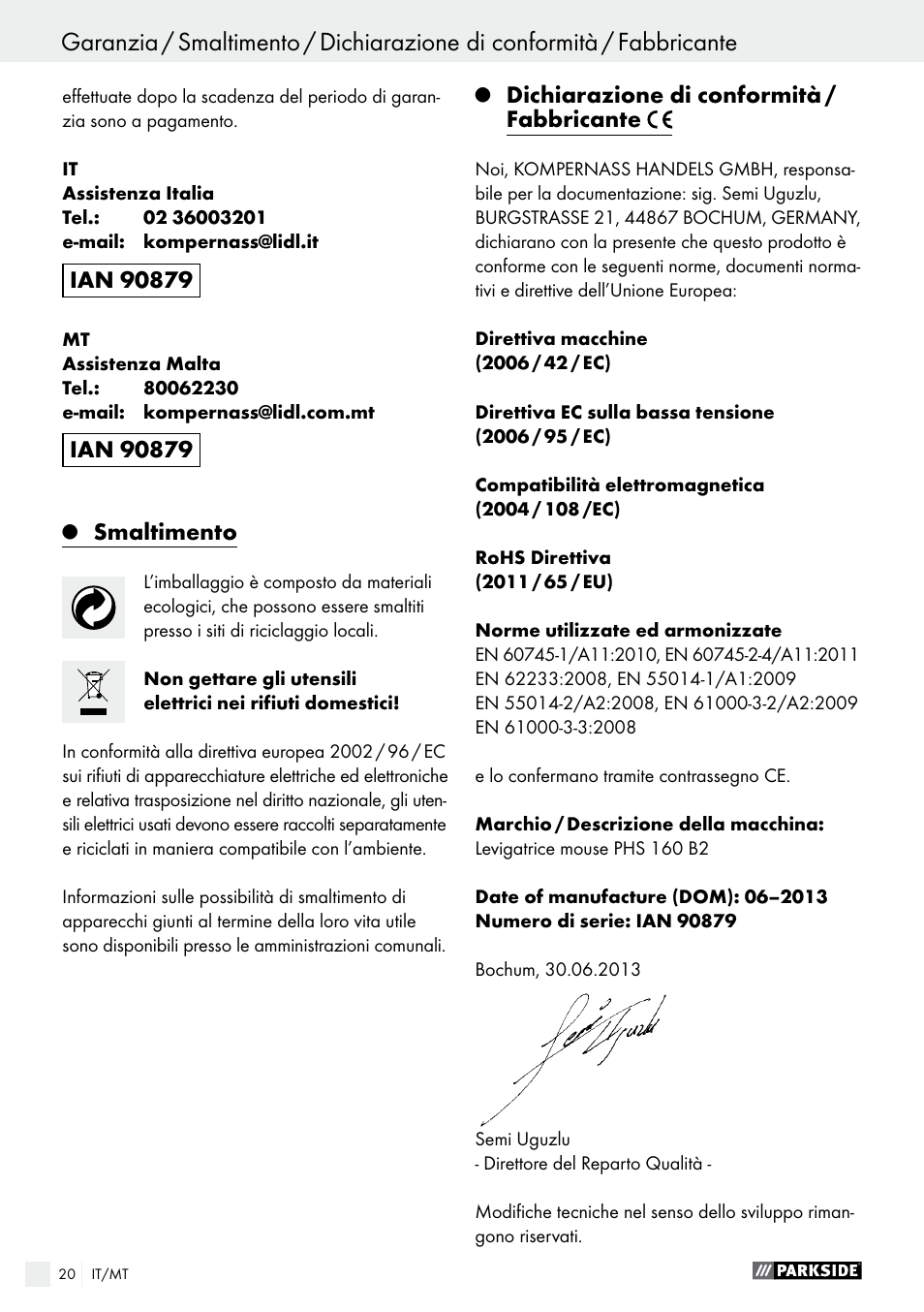 Smaltimento, Dichiarazione di conformità / fabbricante | Parkside PHS 160 B2 User Manual | Page 20 / 37