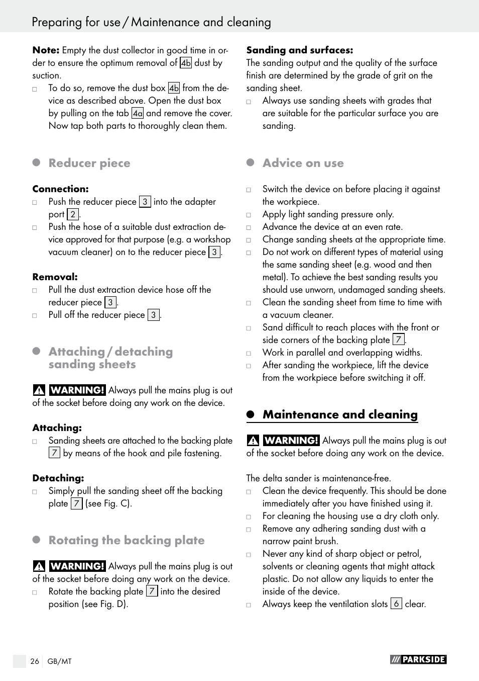 Reducer piece, Attaching / detaching sanding sheets, Rotating the backing plate | Advice on use, Maintenance and cleaning | Parkside PHS 160 B2 User Manual | Page 26 / 37