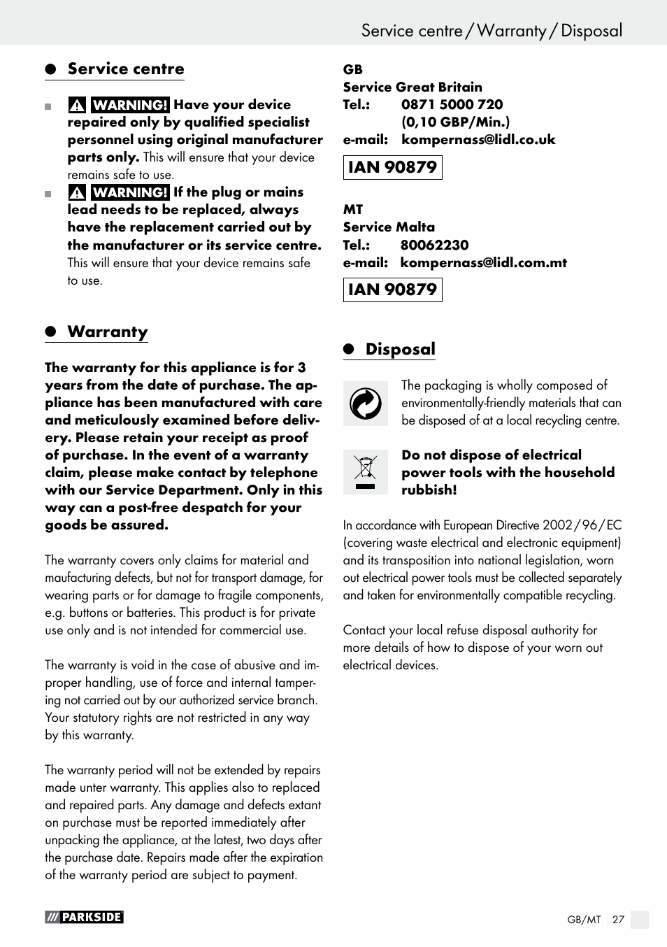 Service centre, Warranty, Disposal | Parkside PHS 160 B2 User Manual | Page 27 / 37