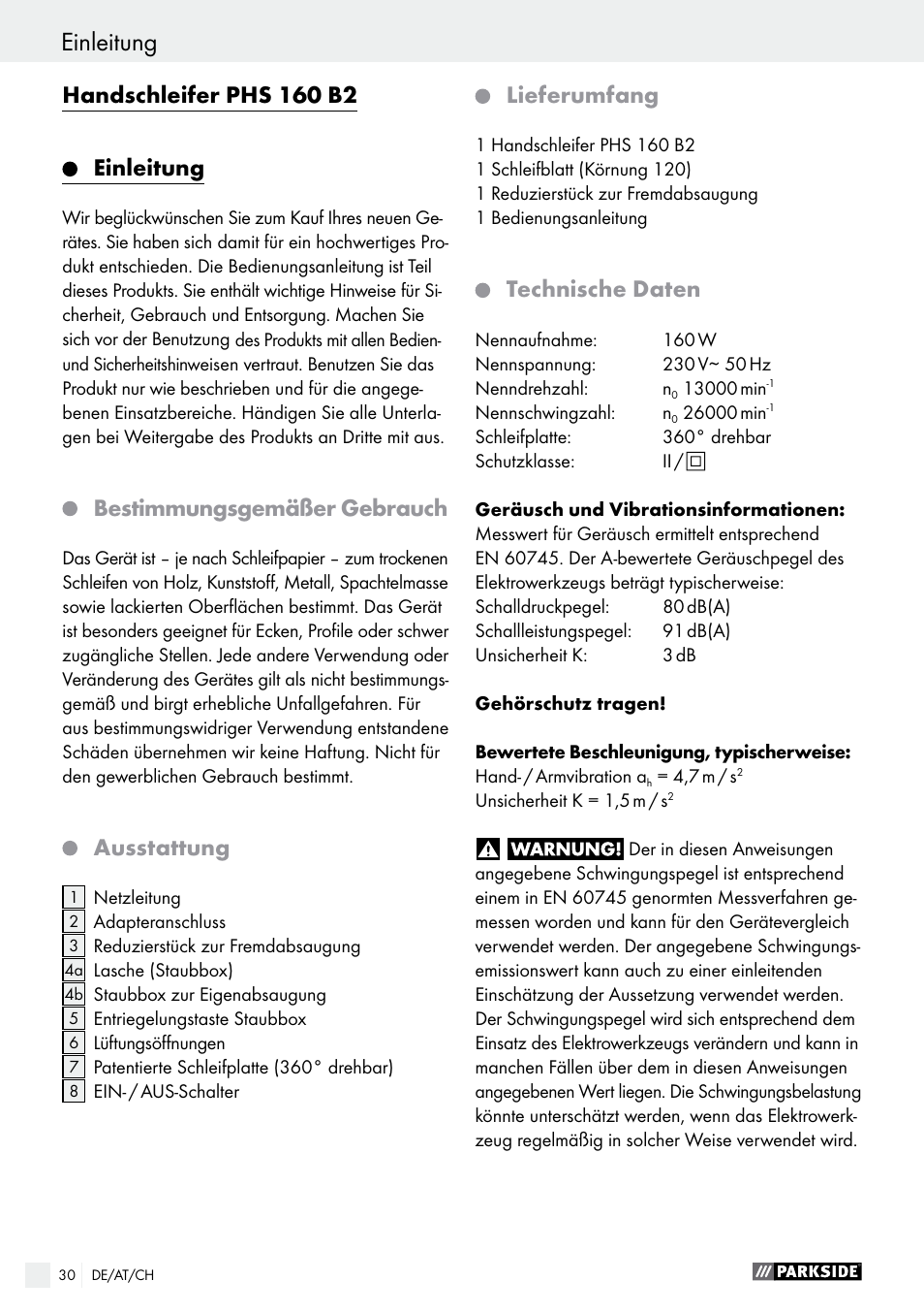 Handschleifer phs 160 b2 einleitung, Bestimmungsgemäßer gebrauch, Ausstattung | Lieferumfang, Technische daten | Parkside PHS 160 B2 User Manual | Page 30 / 37