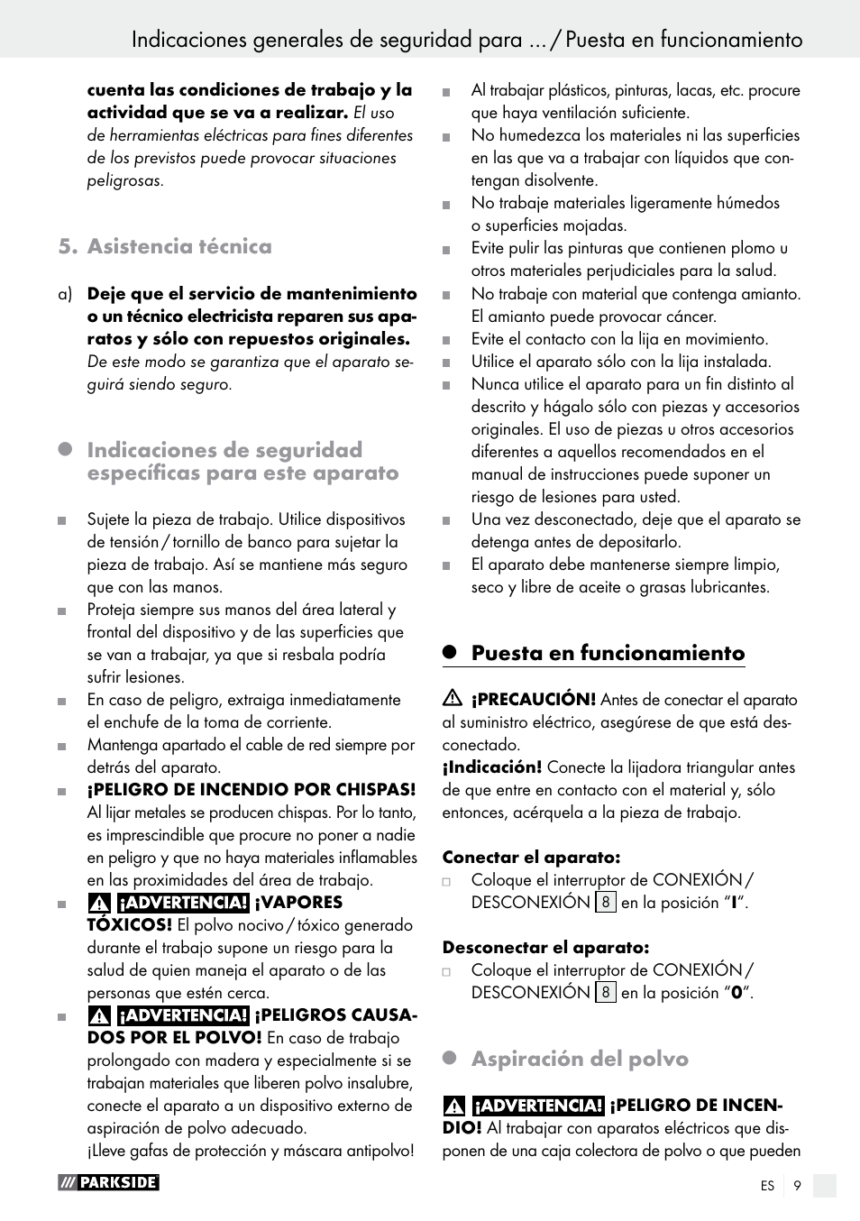 Asistencia técnica, Puesta en funcionamiento, Aspiración del polvo | Parkside PHS 160 B2 User Manual | Page 9 / 37