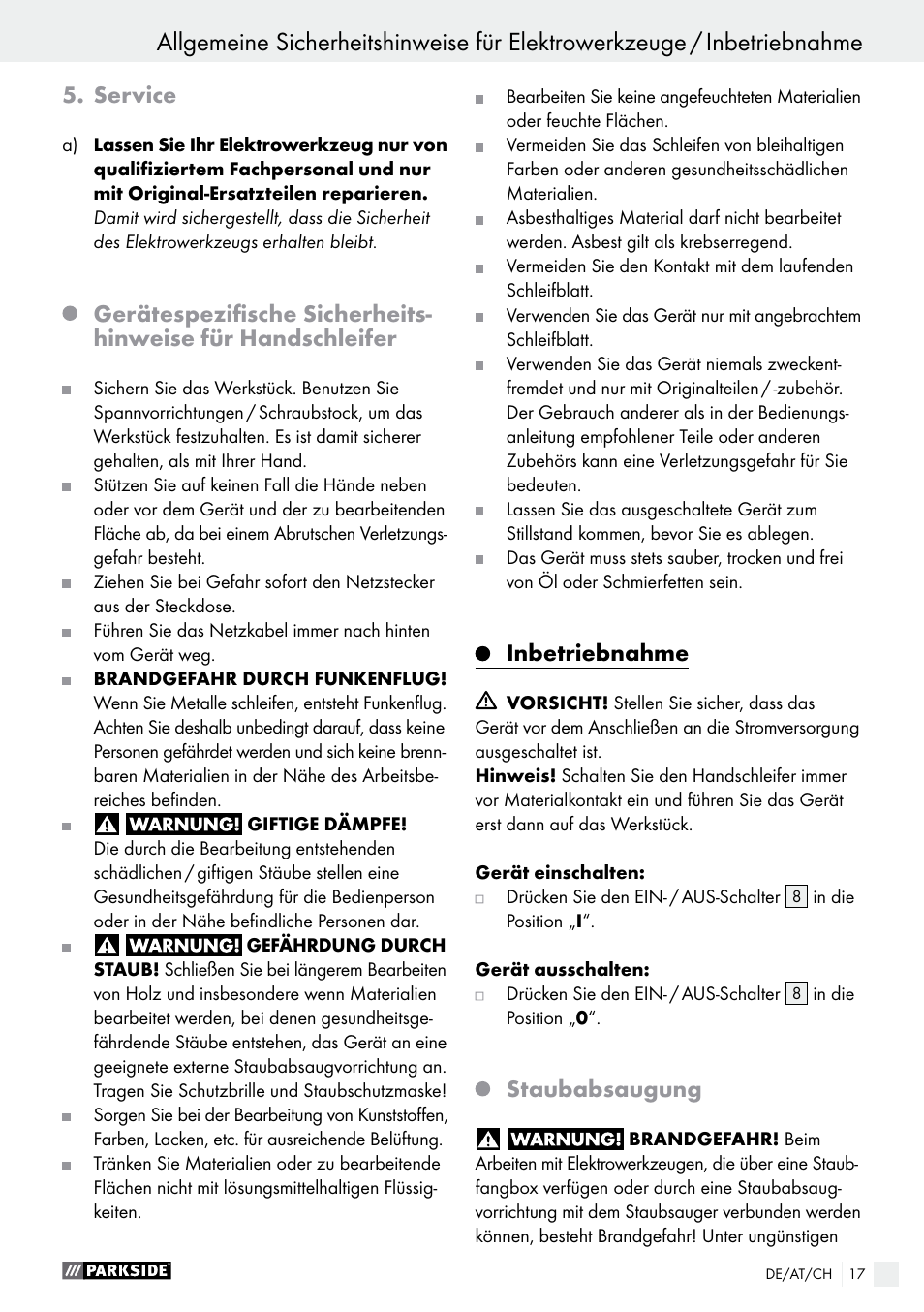 Service, Inbetriebnahme, Staubabsaugung | Parkside PHS 160 B2 User Manual | Page 17 / 29