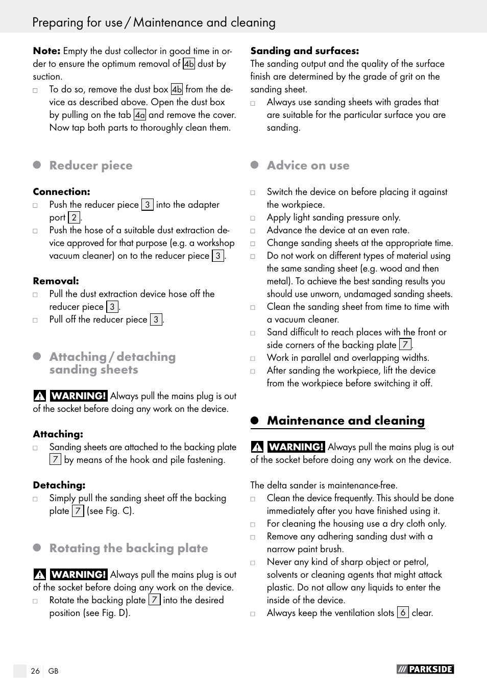 Reducer piece, Attaching / detaching sanding sheets, Rotating the backing plate | Advice on use, Maintenance and cleaning | Parkside PHS 160 B2 User Manual | Page 26 / 29