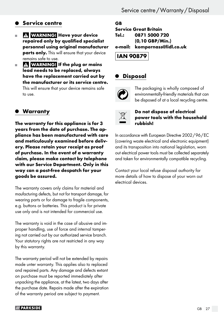 Service centre, Warranty, Disposal | Parkside PHS 160 B2 User Manual | Page 27 / 29