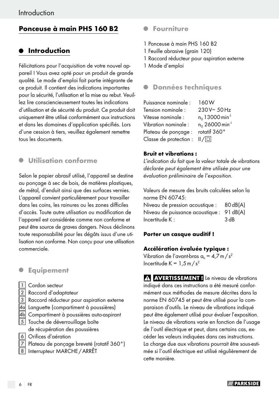 Ponceuse à main phs 160 b2, Introduction, Utilisation conforme | Equipement, Fourniture, Données techniques | Parkside PHS 160 B2 User Manual | Page 6 / 29