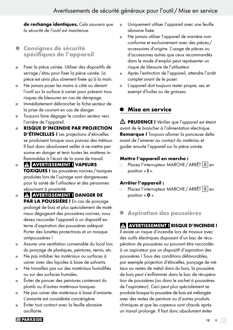 Consignes de sécurité spécifiques de l’appareil, Mise en service, Aspiration des poussières | Parkside PHS 160 B2 User Manual | Page 9 / 29
