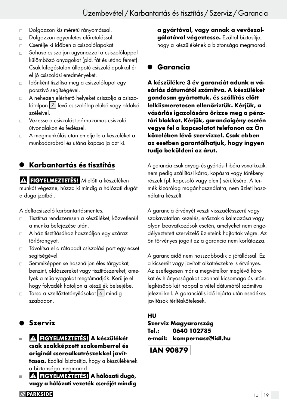Üzembevétel, Karbantartás és tisztítás, Szerviz | Garancia | Parkside PHS 160 B2 User Manual | Page 19 / 55
