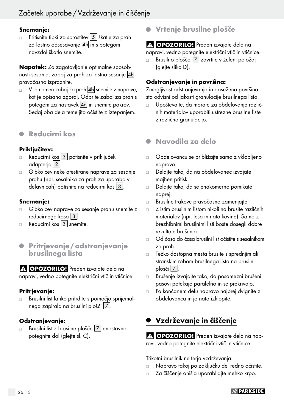 Reducirni kos, Pritrjevanje / odstranjevanje brusilnega lista, Vrtenje brusilne plošče | Navodila za delo, Vzdrževanje in čiščenje | Parkside PHS 160 B2 User Manual | Page 26 / 55