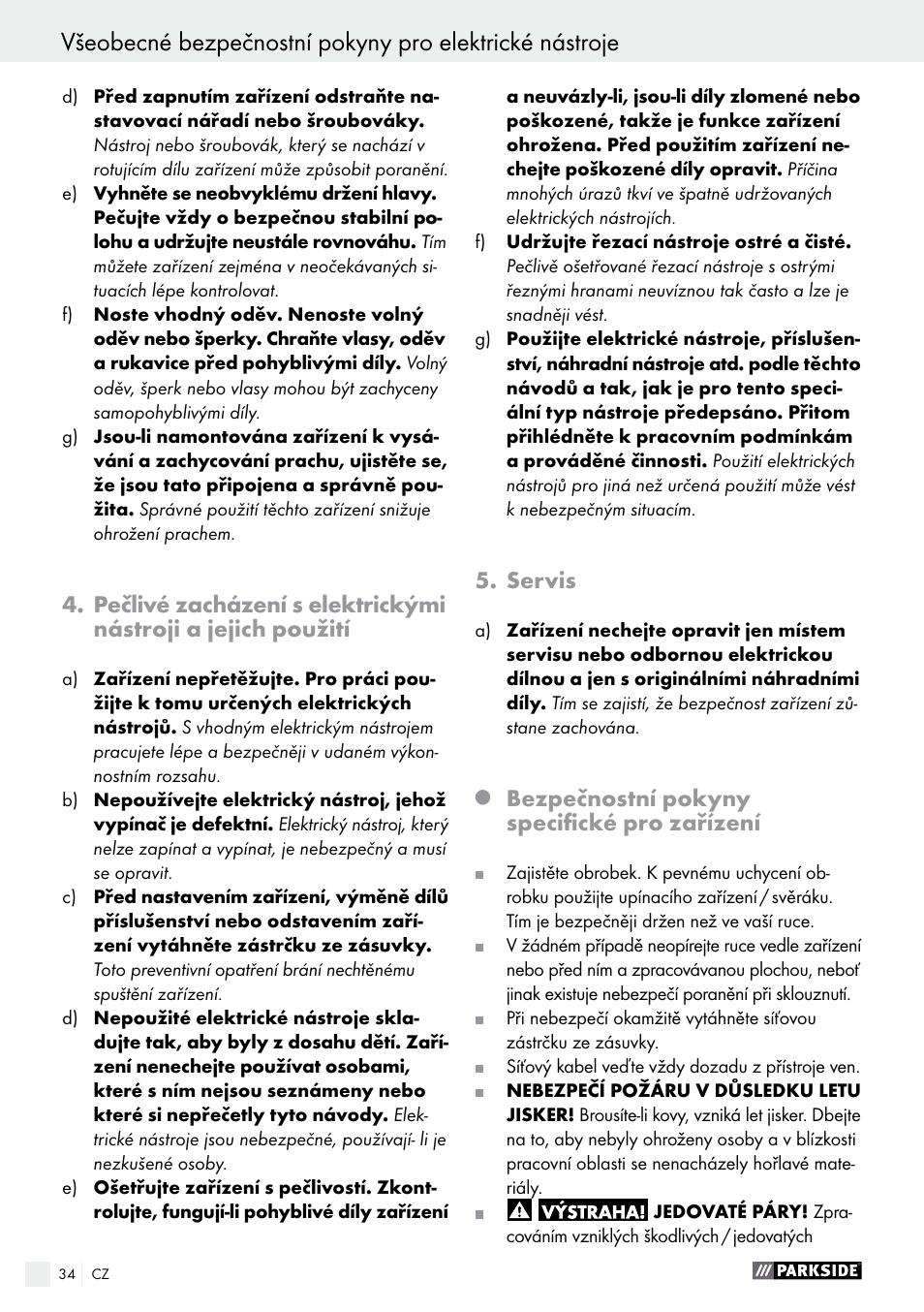 Servis, Bezpečnostní pokyny specifické pro zařízení | Parkside PHS 160 B2 User Manual | Page 34 / 55