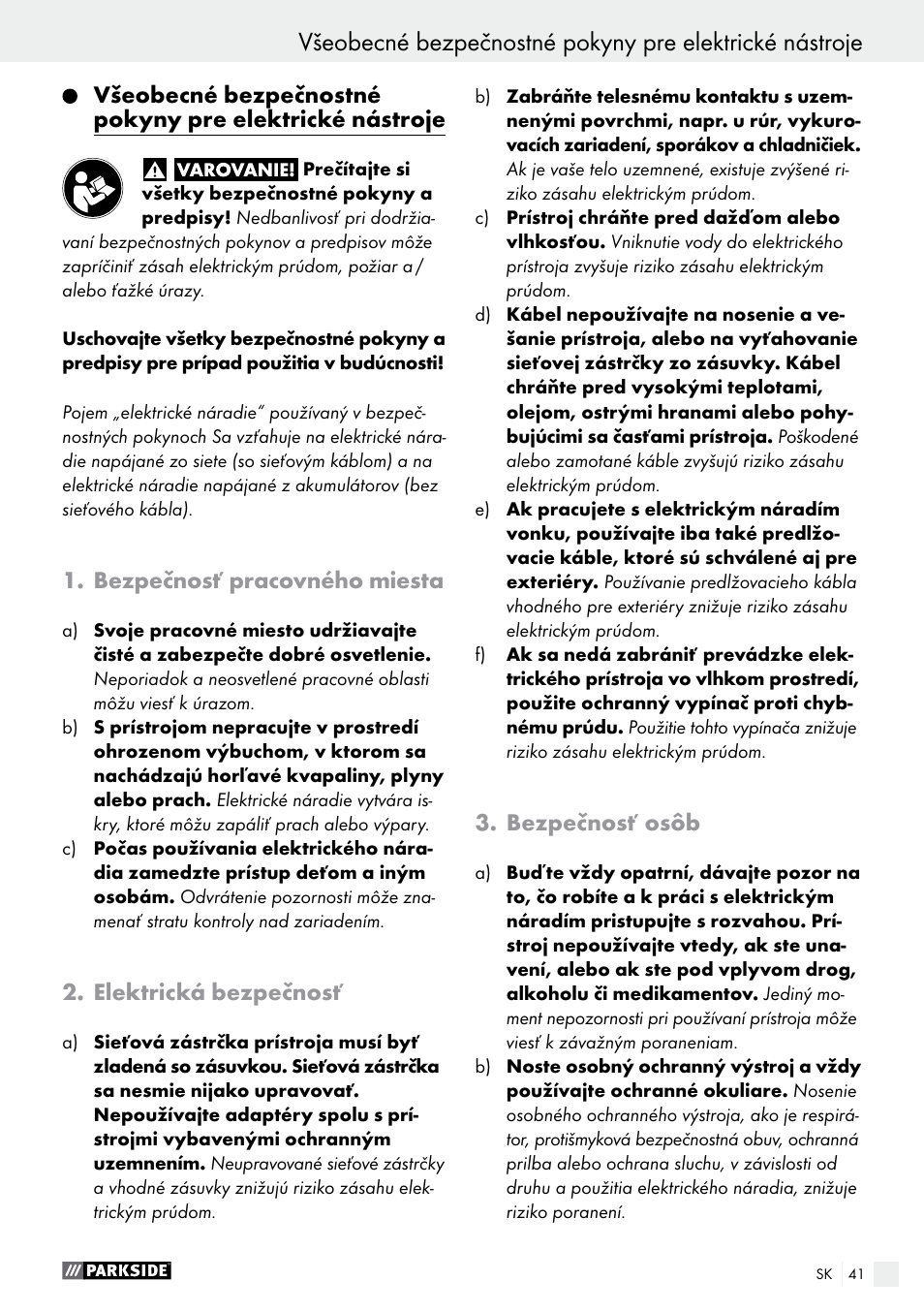 Úvod, Bezpečnosť pracovného miesta, Elektrická bezpečnosť | Bezpečnosť osôb | Parkside PHS 160 B2 User Manual | Page 41 / 55