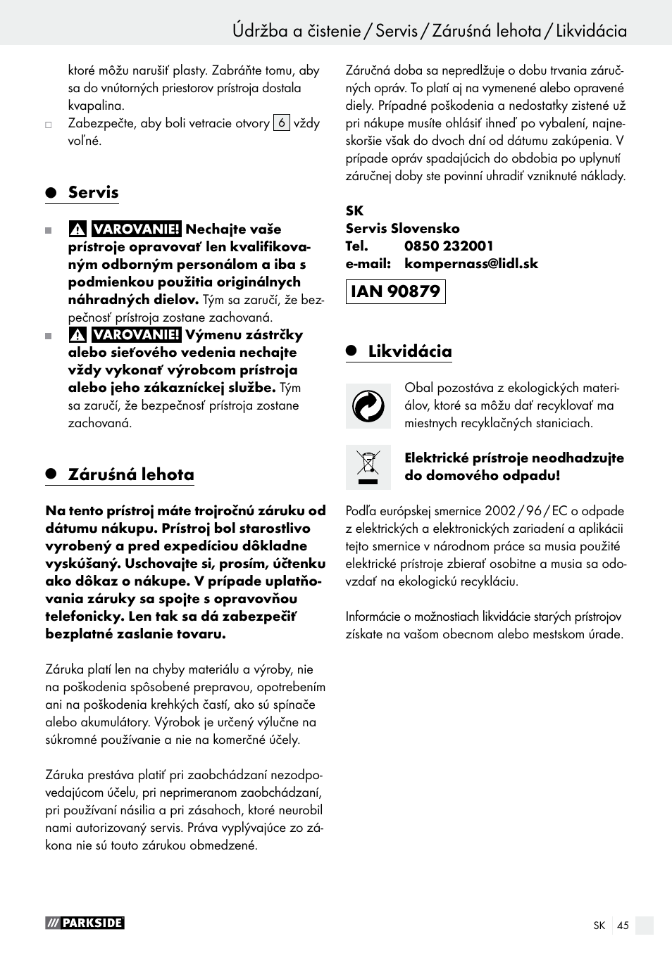 Servis, Záruśná lehota, Likvidácia | Parkside PHS 160 B2 User Manual | Page 45 / 55