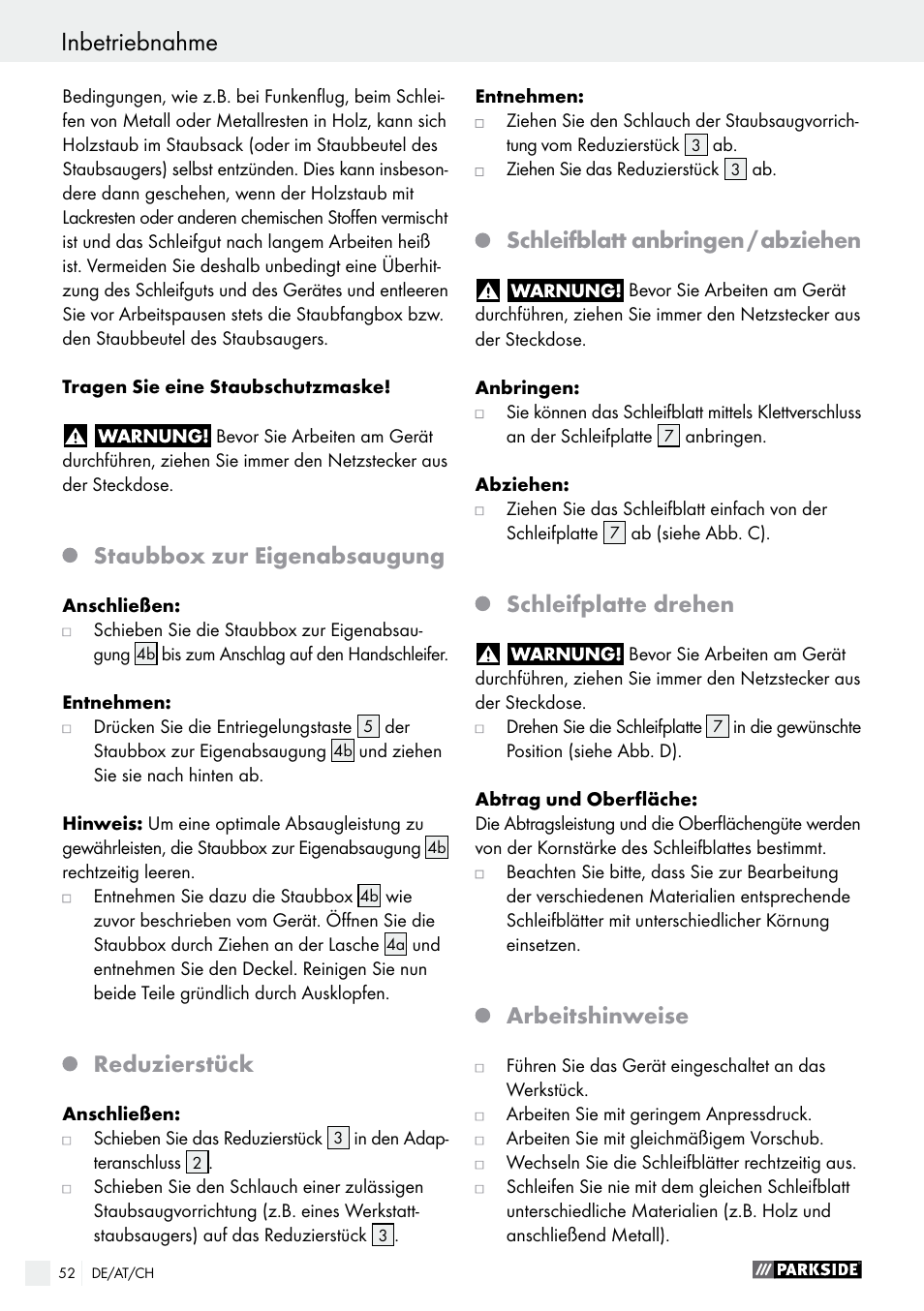 Staubbox zur eigenabsaugung, Reduzierstück, Schleifblatt anbringen / abziehen | Schleifplatte drehen, Arbeitshinweise | Parkside PHS 160 B2 User Manual | Page 52 / 55