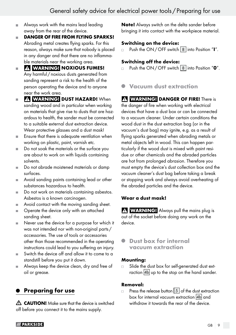 Preparing for use, Vacuum dust extraction, Dust box for internal vacuum extraction | Parkside PHS 160 B2 User Manual | Page 9 / 55