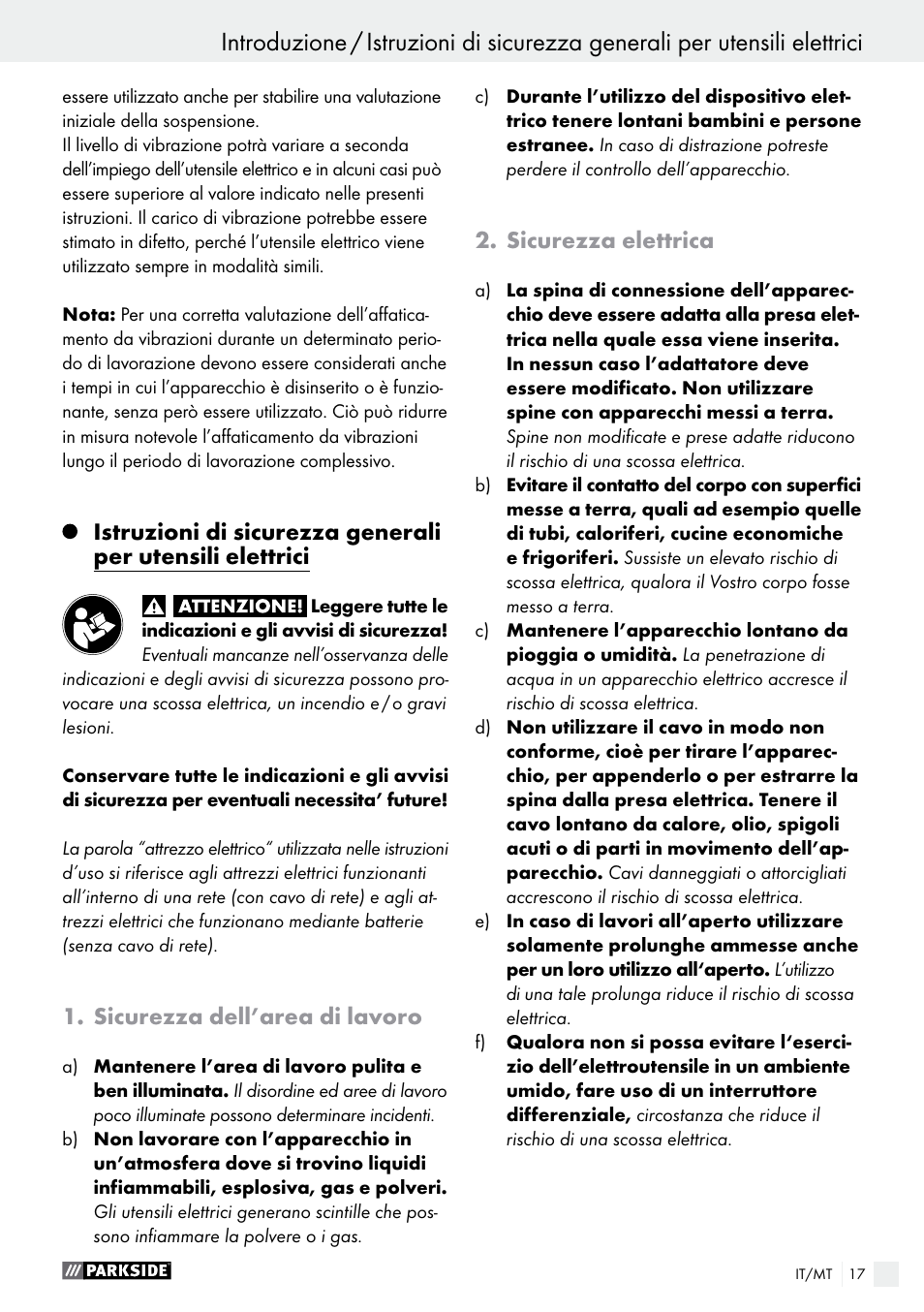 Introduzione, Sicurezza dell’area di lavoro, Sicurezza elettrica | Parkside PBS 600 A1 User Manual | Page 17 / 55