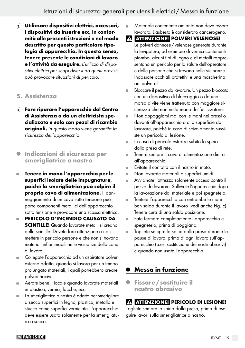 Assistenza, Messa in funzione, Fissare / sostituire il nastro abrasivo | Parkside PBS 600 A1 User Manual | Page 19 / 55