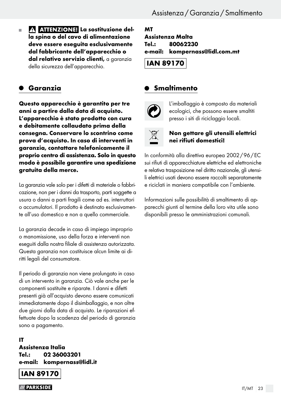 Assistenza / garanzia / smaltimento, Uso / manutenzione e pulizia / assistenza, Garanzia | Smaltimento | Parkside PBS 600 A1 User Manual | Page 23 / 55