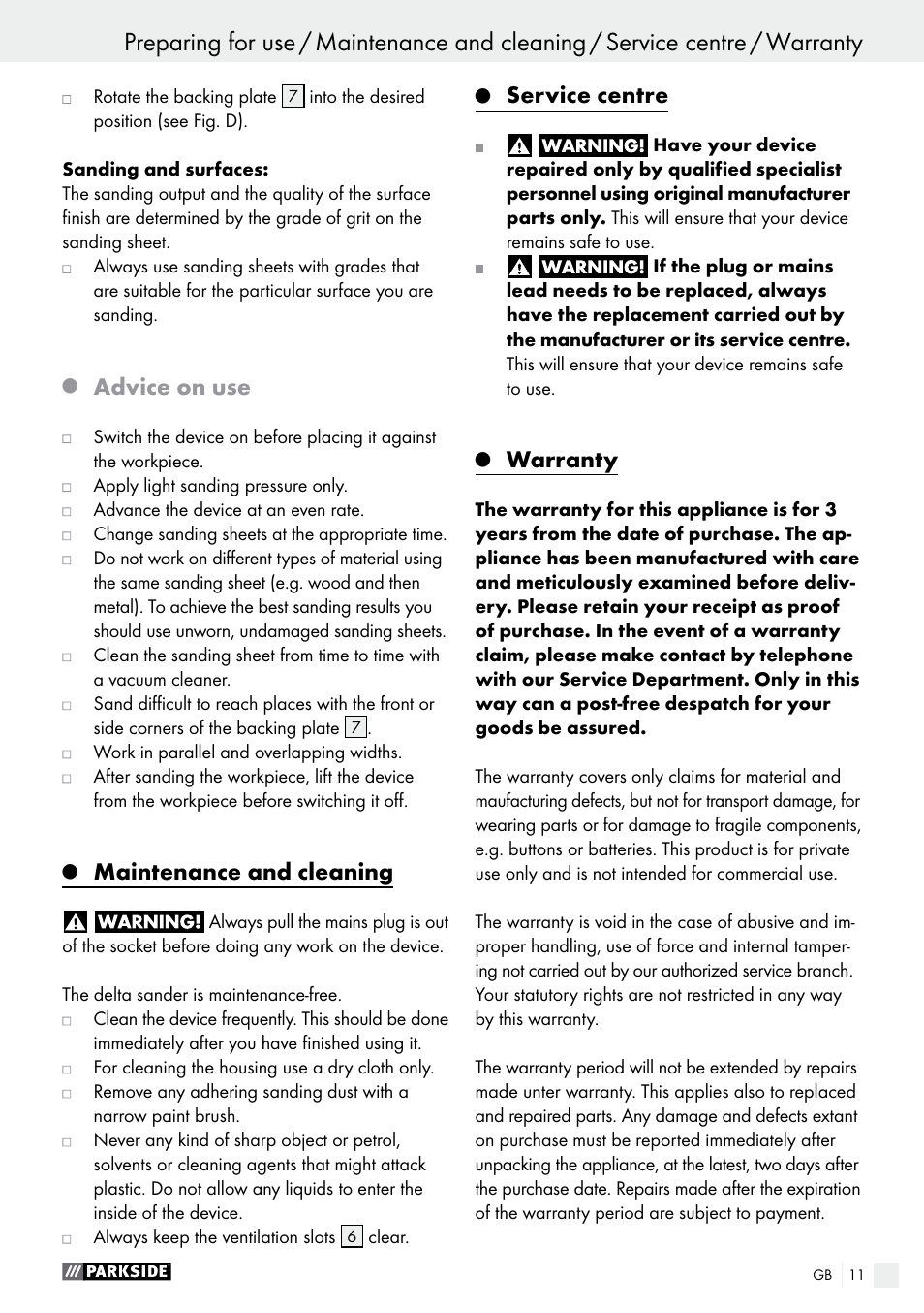 Advice on use, Maintenance and cleaning, Service centre | Warranty | Parkside PHS 160 B2 User Manual | Page 11 / 58