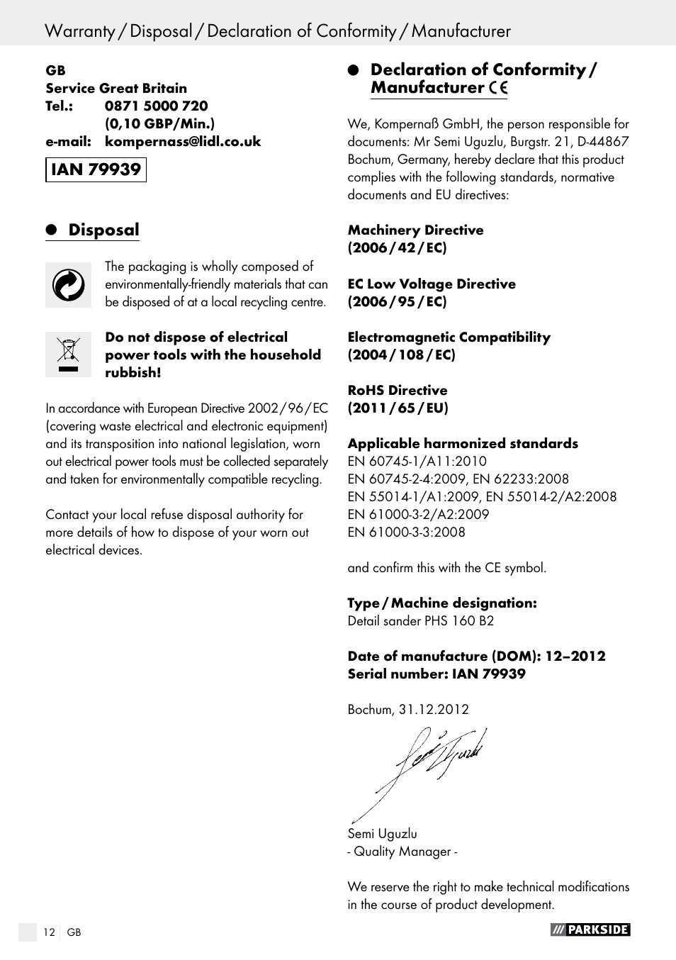 Disposal, Declaration of conformity / manufacturer | Parkside PHS 160 B2 User Manual | Page 12 / 58