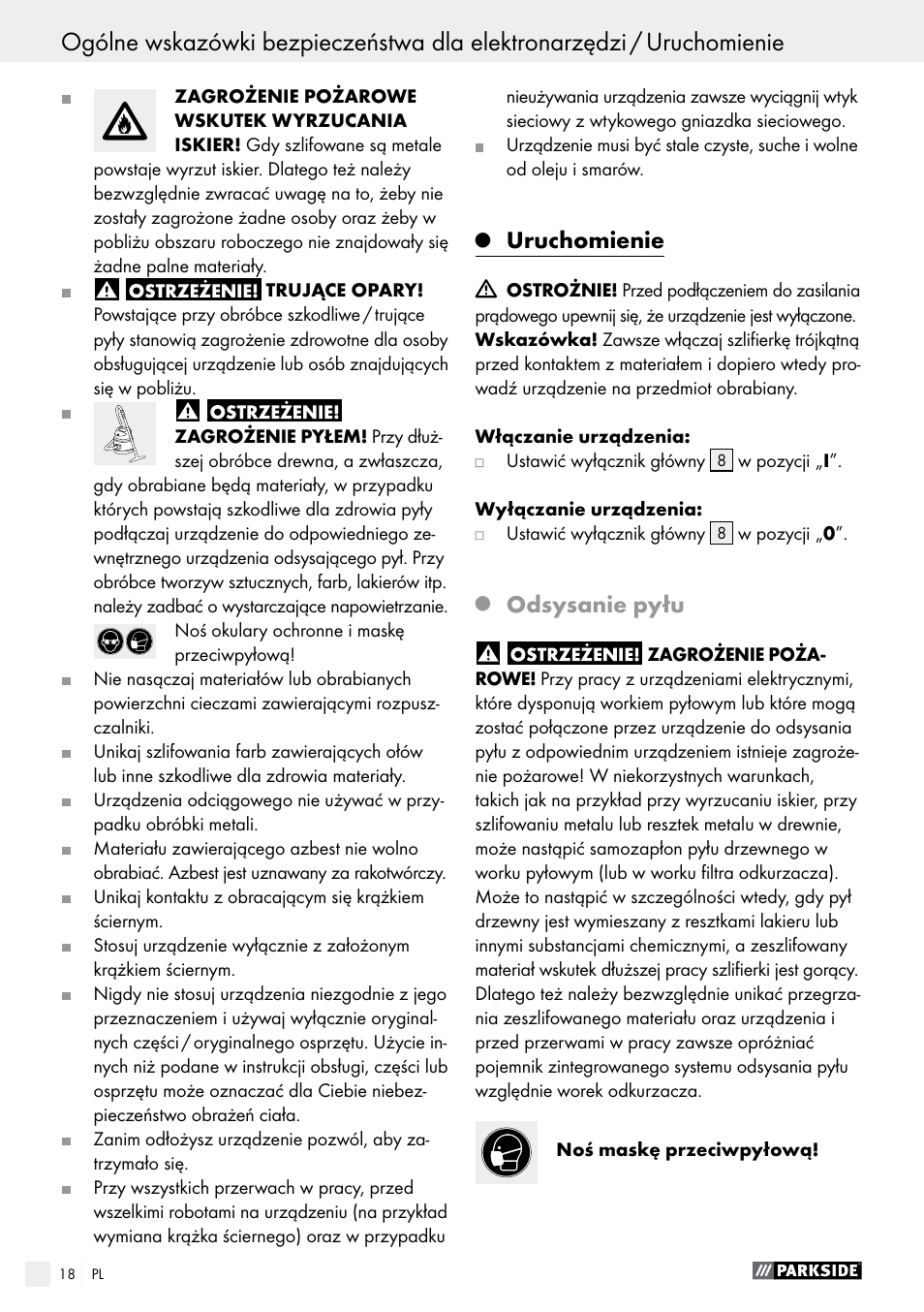 Uruchomienie, Odsysanie pyłu | Parkside PHS 160 B2 User Manual | Page 18 / 58