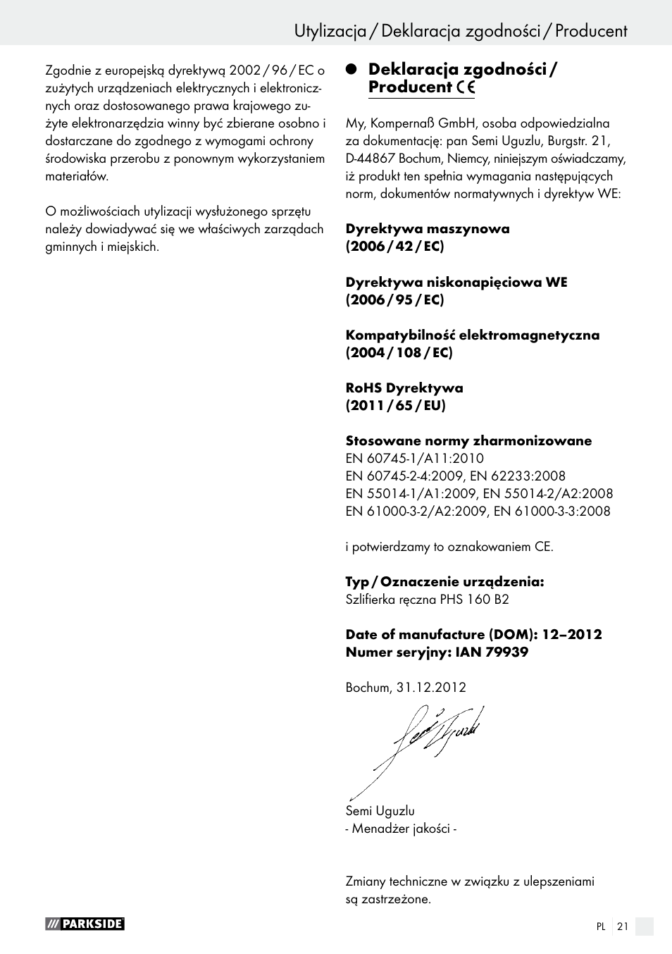 Deklaracja zgodności / producent | Parkside PHS 160 B2 User Manual | Page 21 / 58