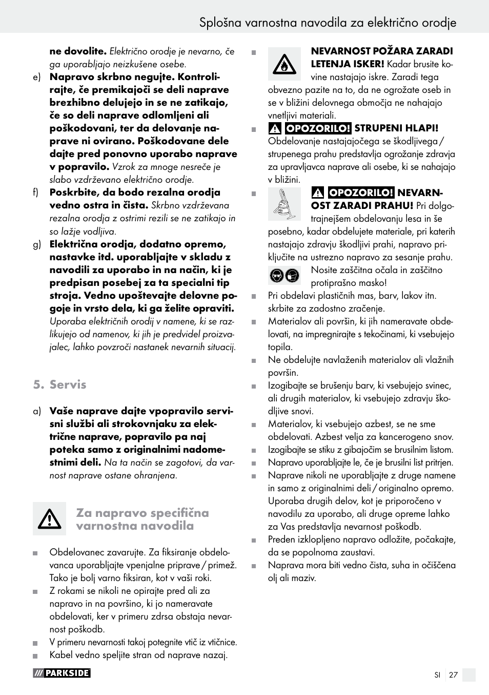 Splošna varnostna navodila za električno orodje, Servis, Za napravo specifična varnostna navodila | Parkside PHS 160 B2 User Manual | Page 27 / 58