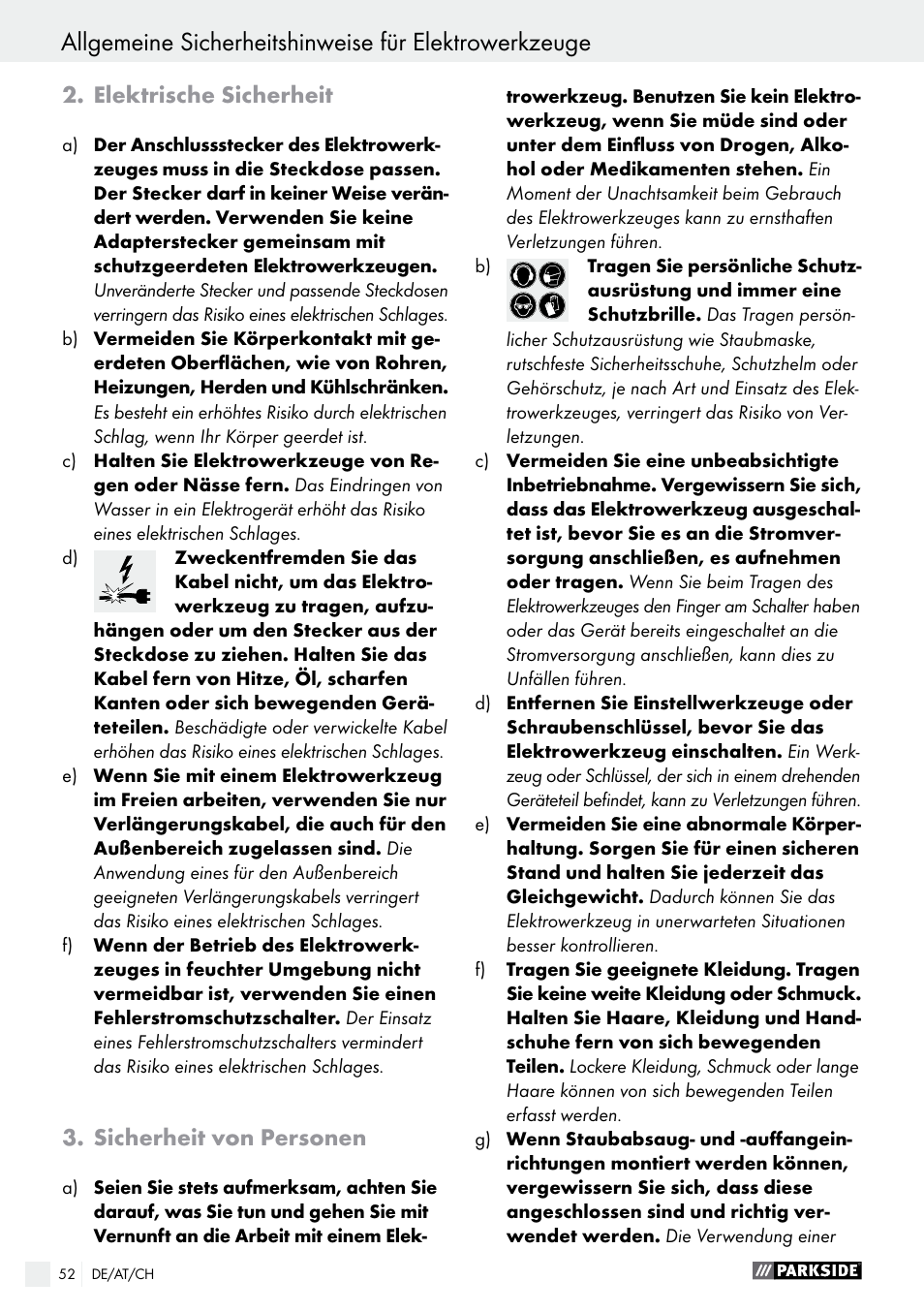 Elektrische sicherheit, Sicherheit von personen | Parkside PHS 160 B2 User Manual | Page 52 / 58