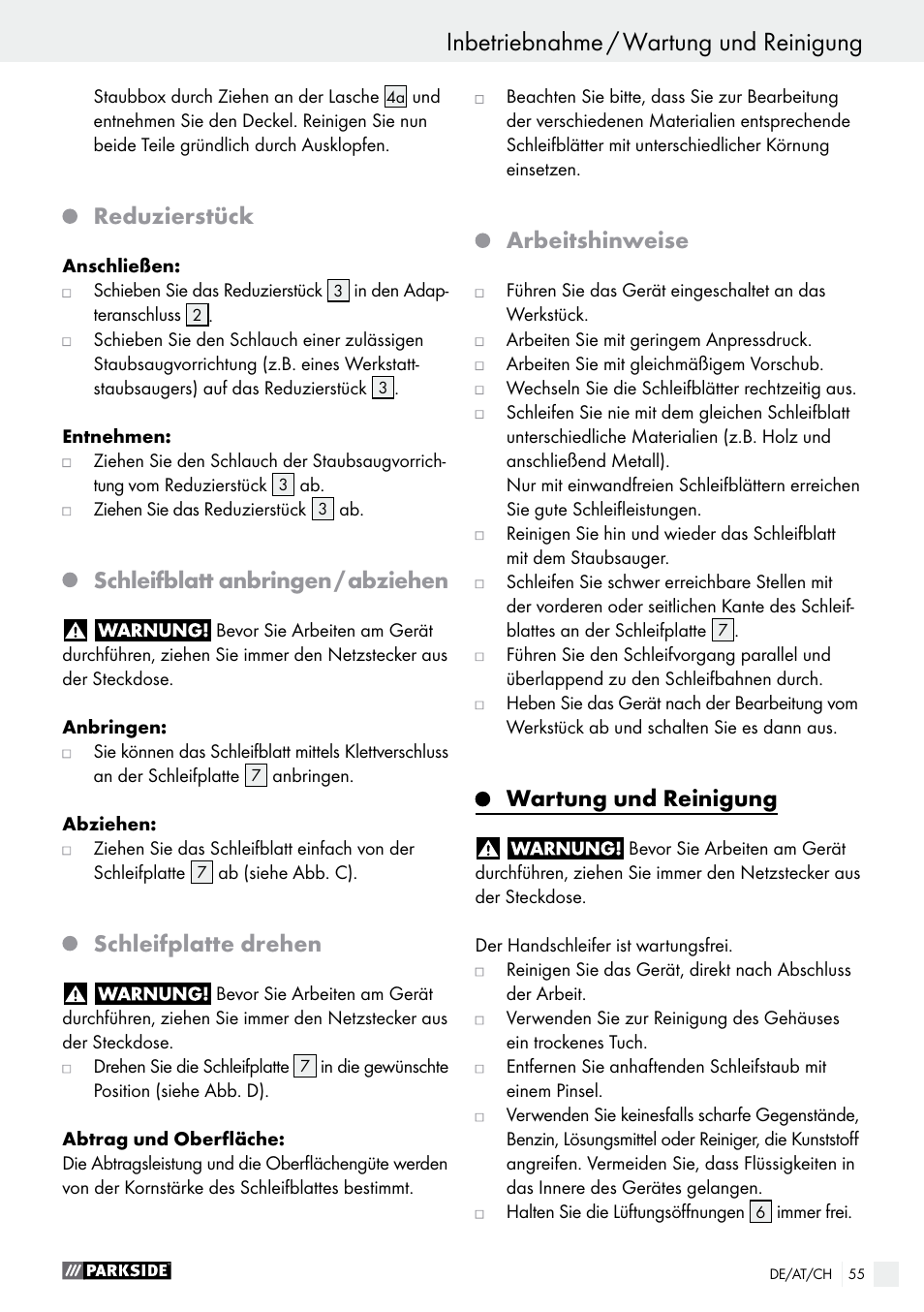 Inbetriebnahme / wartung und reinigung, Reduzierstück, Schleifblatt anbringen / abziehen | Schleifplatte drehen, Arbeitshinweise, Wartung und reinigung | Parkside PHS 160 B2 User Manual | Page 55 / 58