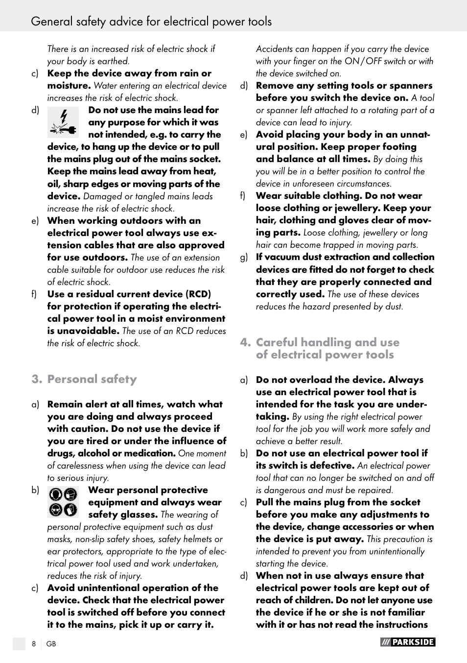 General safety advice for electrical power tools, Personal safety, Careful handling and use of electrical power tools | Parkside PHS 160 B2 User Manual | Page 8 / 58