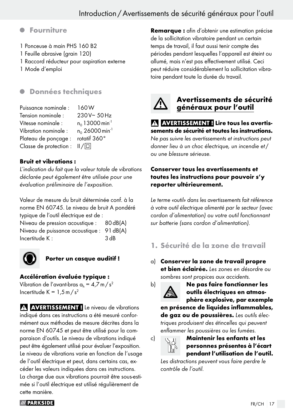 Fourniture, Données techniques, Avertissements de sécurité généraux pour l’outil | Sécurité de la zone de travail | Parkside PHS 160 B2 User Manual | Page 17 / 43