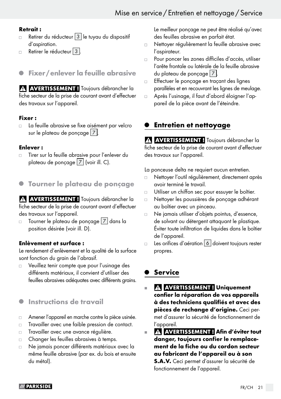 Fixer / enlever la feuille abrasive, Tourner le plateau de ponçage, Instructions de travail | Entretien et nettoyage, Service | Parkside PHS 160 B2 User Manual | Page 21 / 43