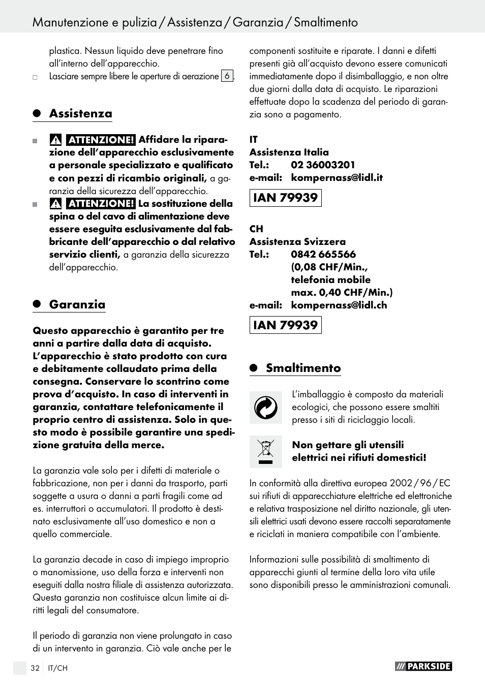 Assistenza, Garanzia, Smaltimento | Parkside PHS 160 B2 User Manual | Page 32 / 43