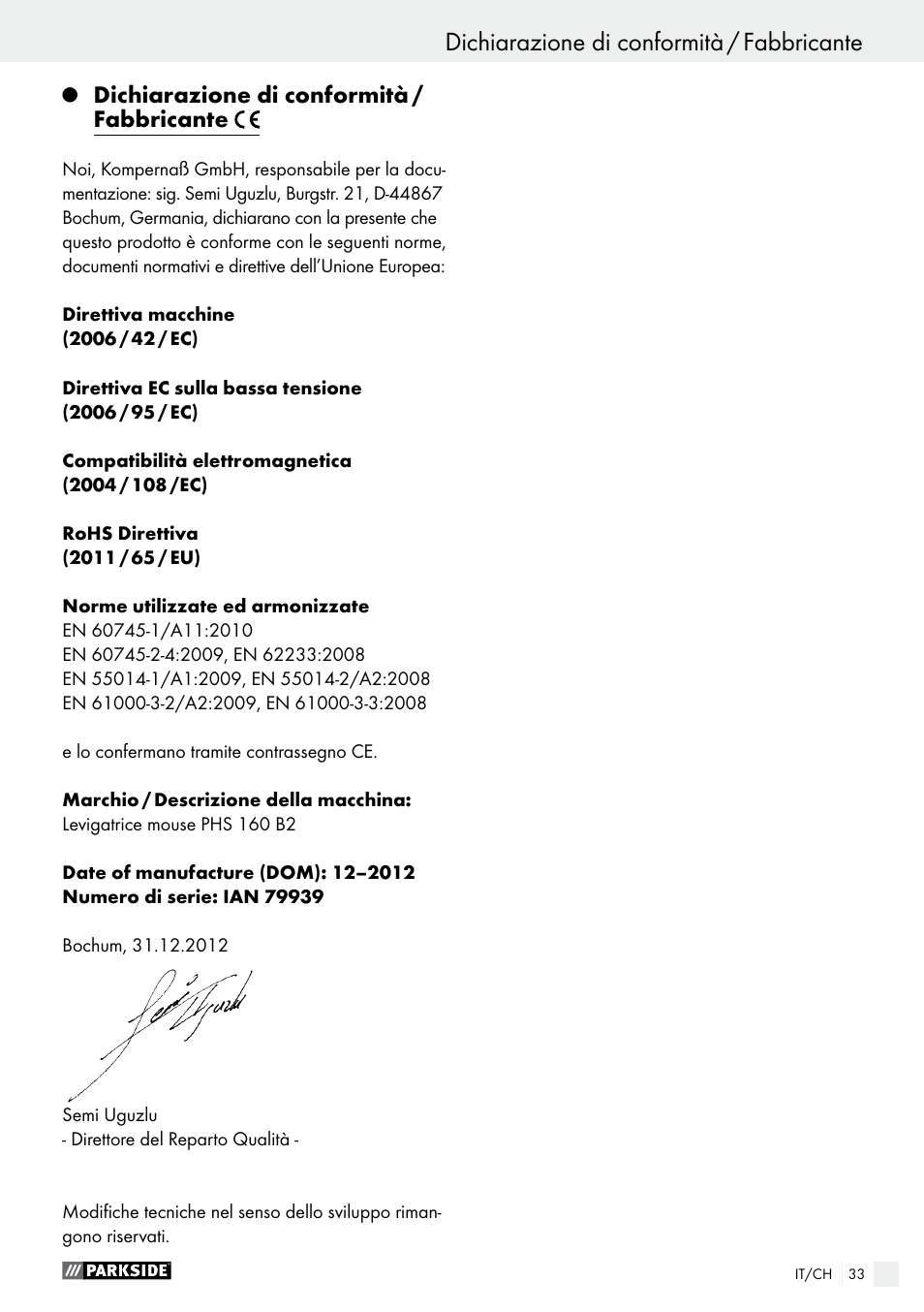 Dichiarazione di conformità / fabbricante | Parkside PHS 160 B2 User Manual | Page 33 / 43