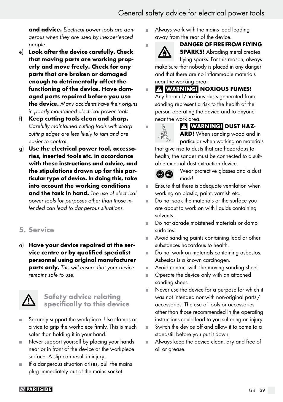 General safety advice for electrical power tools, Service, Safety advice relating specifically to this device | Parkside PHS 160 B2 User Manual | Page 39 / 43