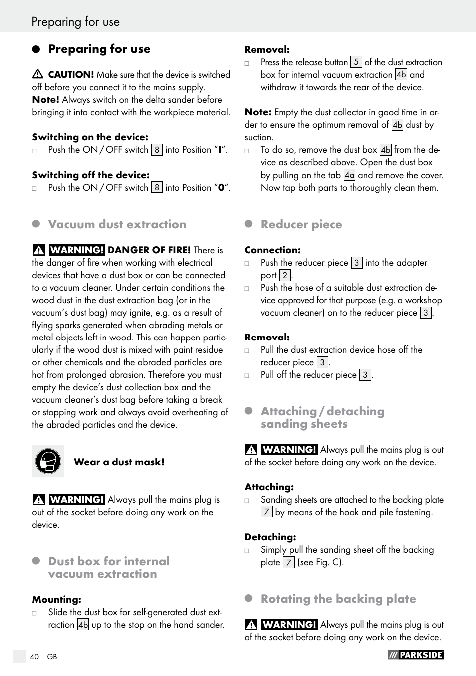 Preparing for use, Vacuum dust extraction, Dust box for internal vacuum extraction | Reducer piece, Attaching / detaching sanding sheets, Rotating the backing plate | Parkside PHS 160 B2 User Manual | Page 40 / 43