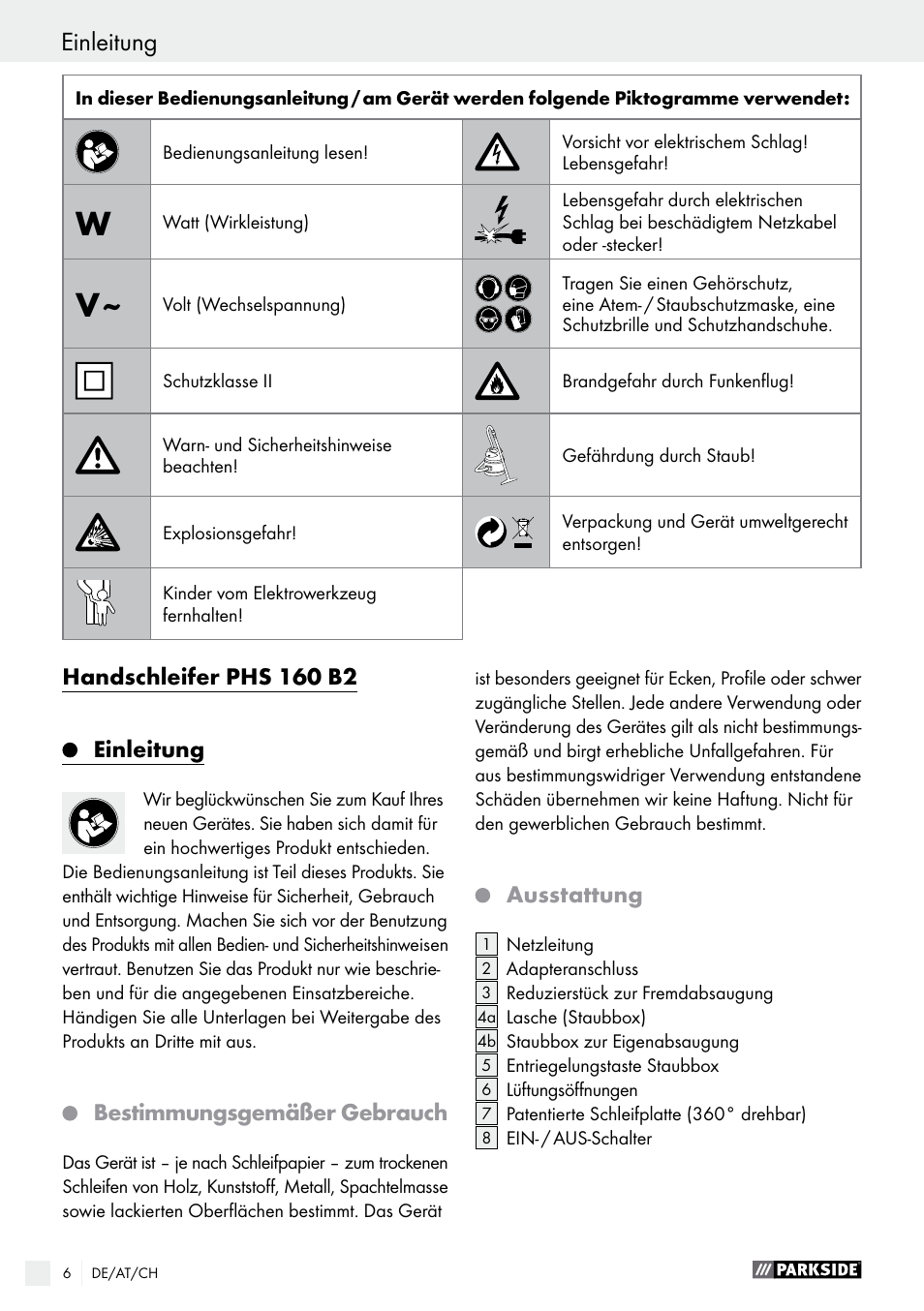 Einleitung, Handschleifer phs 160 b2 einleitung, Bestimmungsgemäßer gebrauch | Ausstattung | Parkside PHS 160 B2 User Manual | Page 6 / 43