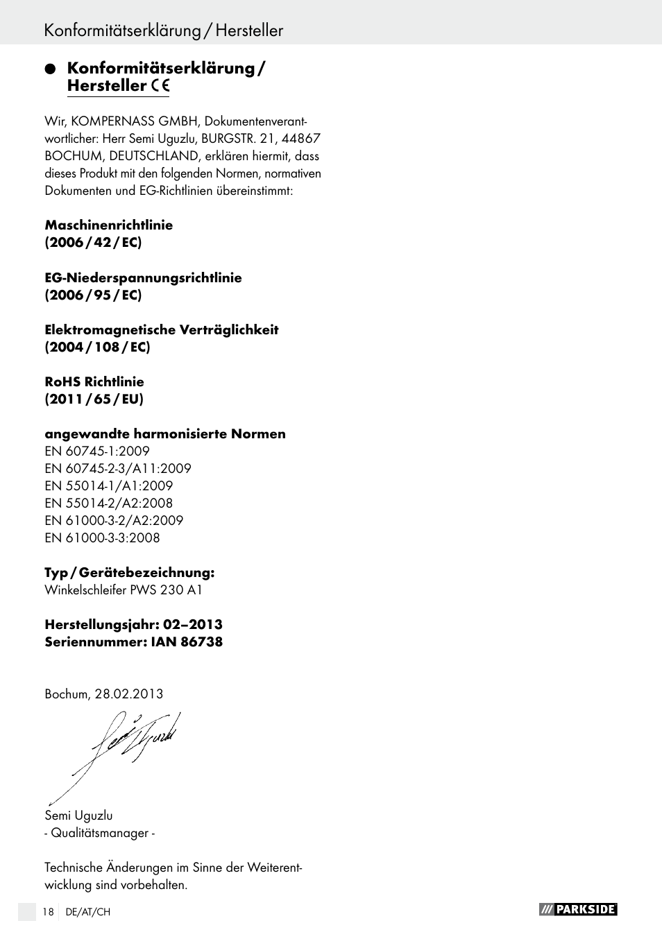 Konformitätserklärung / hersteller, Seite 18 | Parkside PWS 230 A1 User Manual | Page 18 / 62