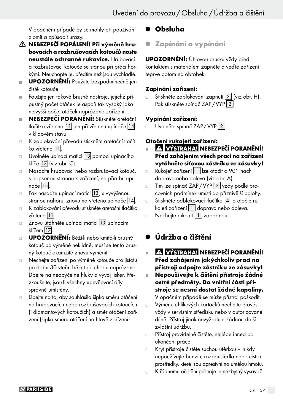 Obsluha, Údržba a čištění, Zapínání a vypínání | Parkside PWS 230 A1 User Manual | Page 57 / 89