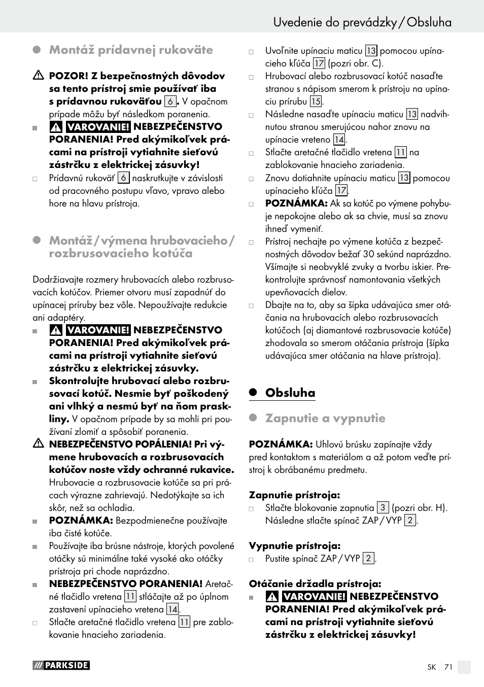 Obsluha, Montáž prídavnej rukoväte, Zapnutie a vypnutie | Parkside PWS 230 A1 User Manual | Page 71 / 89